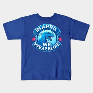 In April We Wear Blue Autism Awareness Month Dinosaur T-Rex Kids T-Shirt